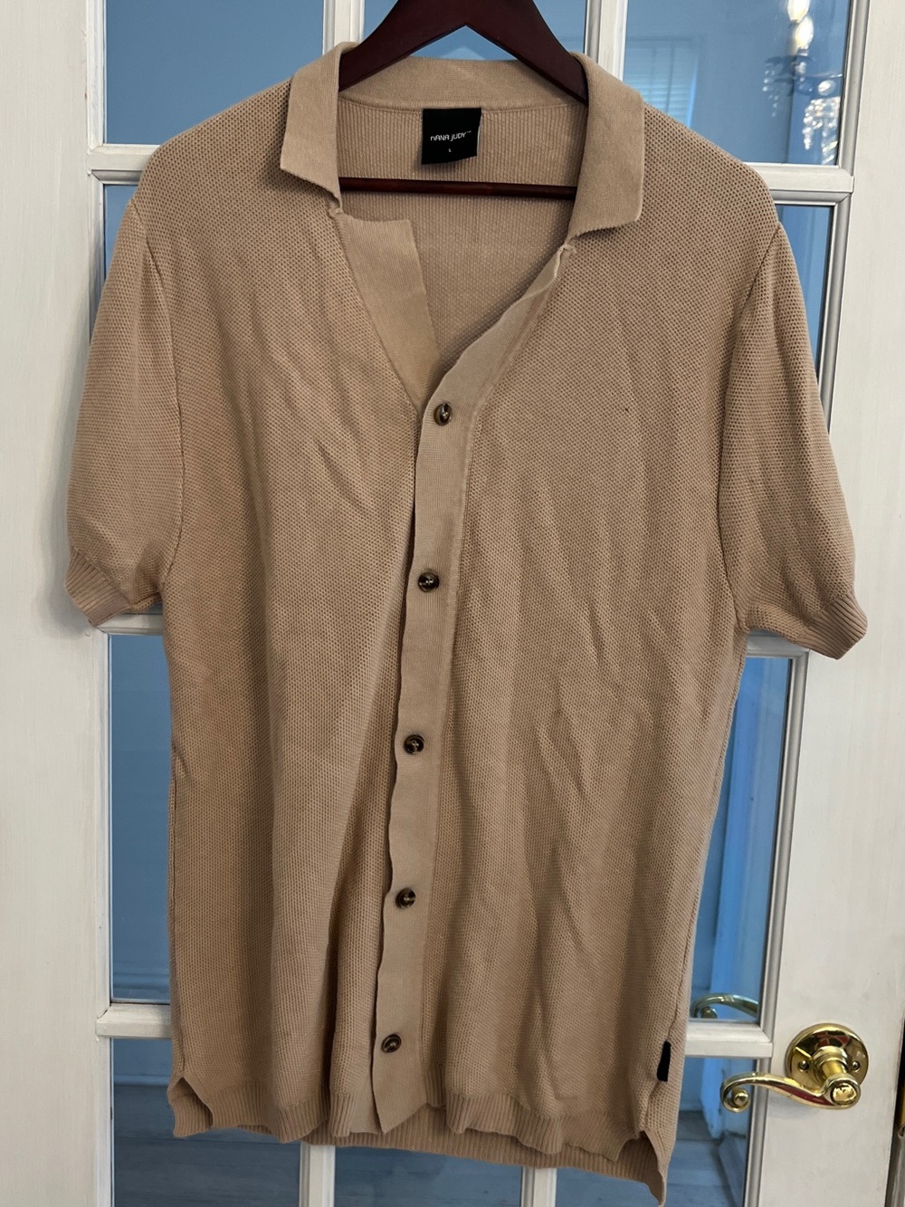NANA JUDY Men’s Beige Tan Knit Button Front Short Sleeve Cardigan Shirt L